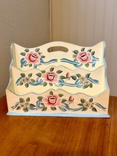 Vintage Hand Painted Wooden Letter Holder Tiered Desktop Organizer Floral Ribbon picture