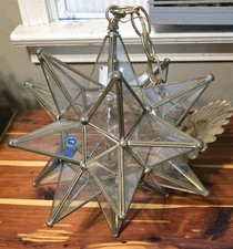 Vintage Mexican Brass Moravian Star Pendant Light Glass Hanging Lamp 12