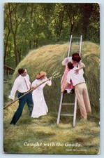 Romance Postcard Couple Kissing Ladder Hay Caught With The Goods c1910's Antique picture