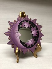 Vintage 90s Celestial Sun Moon Mirror 8in Hand Painted Wood Whimsygoth Purple picture