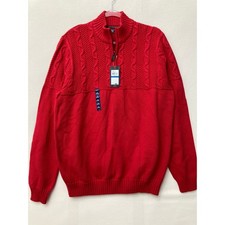 New IZOD Mens Quarter Zip Sweater XL Red Cable Knit Cotton Pullover Holiday picture