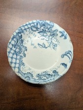 Antique Blue Transferware Butter Pat 3.25” Scalloped Floral Unmarked 1800s picture