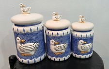Vintage Sigma Tastesetter Ceramic Duck Canister Set 3 Blue Farmhouse Japan Rare picture
