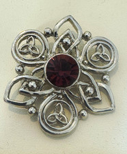 Silver Tone Celtic Knot Flower Brooch Pin Purple Round Rhinestone Bezel Set picture