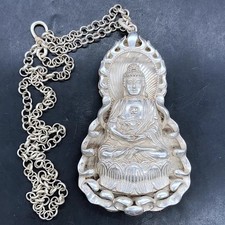 Old Tibetan Silver Carving  Guanyin Buddha pendant with chain picture