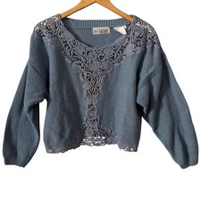 Vintage Together Sz MD Boho Blue Ramie Cotton Lace Crochet Sweater Cottagecore picture