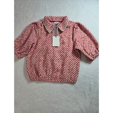 VOY Red Cream Chevron Tweed Puff Sleeve Pearl Button Top Small NEW picture