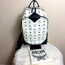 MCM White/Black Monogram Backpack Zip Closure Top Handle Adjustable Strap picture