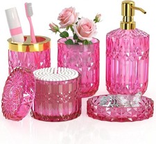 Hot-Pink Glass Bathroom Accessories Set 5 Pcs, Hot-Pink Bathroom Set, Soap Dispe picture