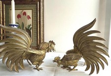 Vintage Pair of Solid Brass Fighting Cock Rooster Statue Figurine MCM Decor picture