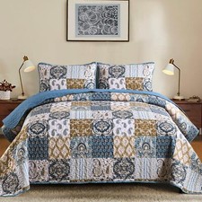 WONGS King Queen 3PC Patchwork Plaid Paisley Quilt Set Microfiber Coverlet picture