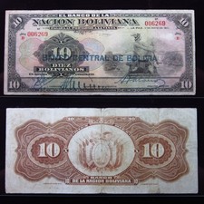 Bolivia 10 Bolivianos ND 1929 P114 6269i0 Overprint Provisional Issue Banknote picture