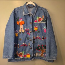 Vintage New Directions Women's 2X Fall Harvest Embroidered Denim Shirt Jacket picture