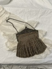 Antique 1900s 1920s Glass Beaded Purse Ornate Metal Frame Champagne Flapper picture