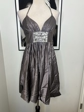 Cache gray satin mini dress with silver beaded Accents Size L picture