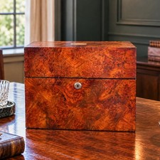 Stunning 19th Century Antique Victorian English Burl Wood 3 Decanter Box Bramah  picture