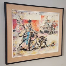 Vintage MCM Epifanio Ortega Oil On Canvas Painting Abstract Bullfighting Scene picture