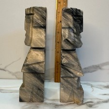 Vintage Carved Marble Tiki Aztec Mayan Head Bookends Grey White Stone 8 Inch picture