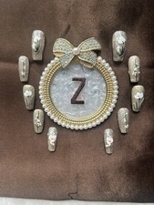 Z NAILZ Gorgeous Handmade Gold Sparkle W/White Flowers M Coffin Press On Nails picture