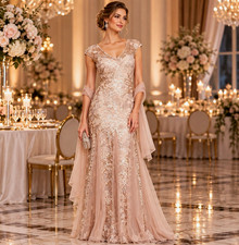 Elegant Champagne Pink Sequin Lace Formal Evening Gown Christmas NYE Party Dress picture