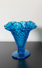 Vintage MCM Fenton Colonial Blue Hobnail Glass Trumpet Vase 4” (Ruffled/Crimped) picture