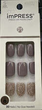 Kiss Impress Nails Gel Glue/Press on Short Gray Silver Glitter accent Gloss picture