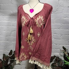 Savanna Jane Blouse Women’s Large Neutral Embroidered Southwest Hippie Flared picture