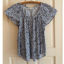 Loft Womens Navy White Floral Flutter Sleeve Gathered Scoop Neck Blouse Small picture