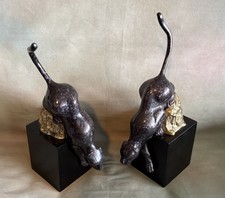 VTG Pair Of Enameled Brass Jaguars On Wood Pedestals Purple Gold & Black Wood picture