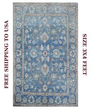 Sky Blue Handmade Floral Accent Rug - 3x4 ft Antique style Oriental Kazak carpet picture