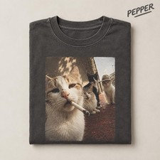  Smoking Cat Shirt, Vintage Cigarette Cat Tee Retro Funny Cat  picture