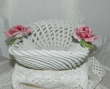 Vintage Italian Porcelain Lattice Woven Square Basket Bowl with Pink Roses 7.5