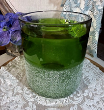 Vintage Emerald Green Art Glass Vase 5.5” Textured Ice Crackle MCM Cylinder picture