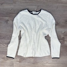 Talbots Textured Knit Sweater Womens XL Cream Navy Trim 100% Cotton Preppy picture