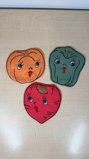 Vintage Hand Embroidered Pot Holders Set 3 Anthropomorphic Vegetables Kitsch Cut picture