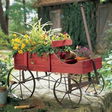 Rustic Red Wooden Amish Country Wagon Garden Statue Planter picture