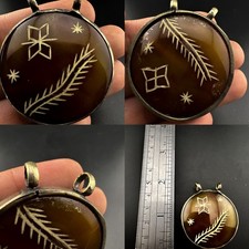 Pendant Leaf Star Motif Silver Tone Art Vintage Artisan Etched Brown Agate picture