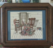 VTG 1988 Completed Needlepoint Framed Picture Porch/Rocking Chair 18.5 x 15.5