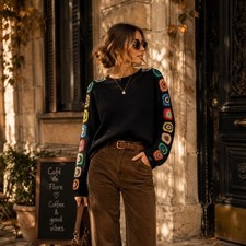 Aaeda Black Crochet Floral Sleeve Sweater Womens Large Boho Knit Top Multi Color picture
