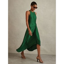 Reiss Micah Satin Drape Front Midi Dress Size 10 Emerald Green Luxury Holiday picture