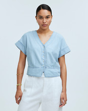 Madewell Womens XXS Chambray Pleated Short-Sleeve Top in Doral Wash NP039 2653 picture