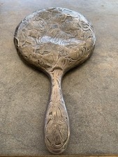 Antique Sterling Silver 925 Floral & Lion Engraved Hand Mirror Monogram EMB 9 in picture