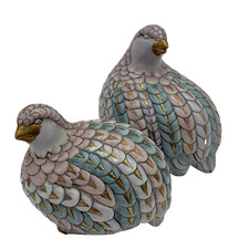Vintage TOYO Hand Painted Ceramic Quail Partridge Birds Lusterware W/ Gold Pair picture