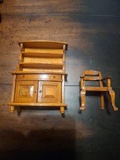 Vintage Dollhouse Handmade Miniature Wood Chest  Drawers Curio Cabinet And Chair picture