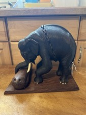 Vintage Hand Carved Elephant Sculpture With Log Wood Base Asian Art Figurine picture