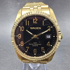 Gruen President Watch Mne 36mm Black Dial Gold Tone Date Round New Battery picture