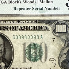 Fancy Serial Number (Repeater 00980098) 1928A $100 FRN Fr#2151G PMG30EPQ picture