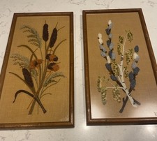 Vintage MCM Crewel Embroidery Finished Framed Pussy Willows and Cattails Set picture