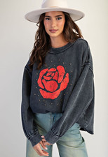 Easel Women's Rose Floral Studded Graphic Sweatshirt Top in Black picture