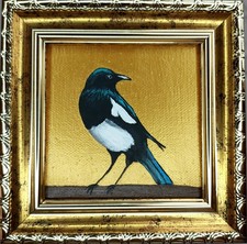 Magpie Original Oil Painting Signed Bird Small Art Miniature Artwork Framed Gift picture